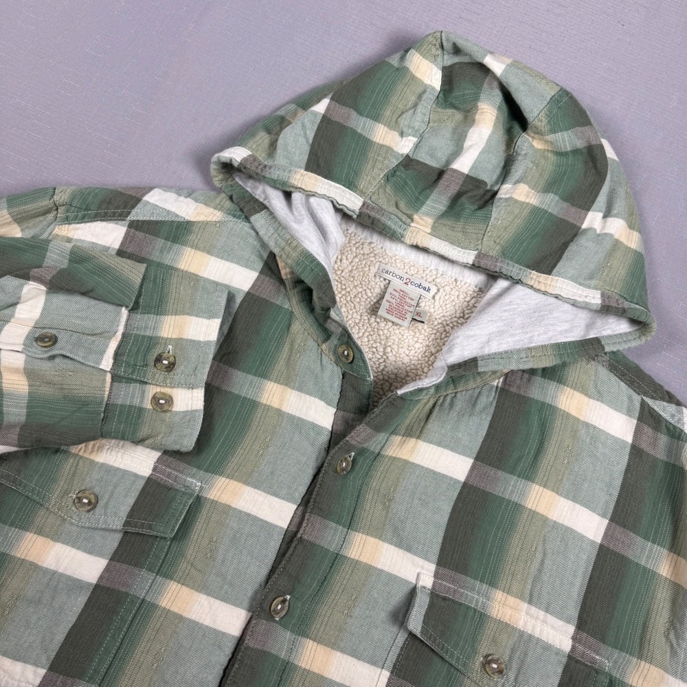 Carbon 2 Cobalt Green Plaid Sherpa Lined Hooded Flannel Shirt Jacket Mens XL